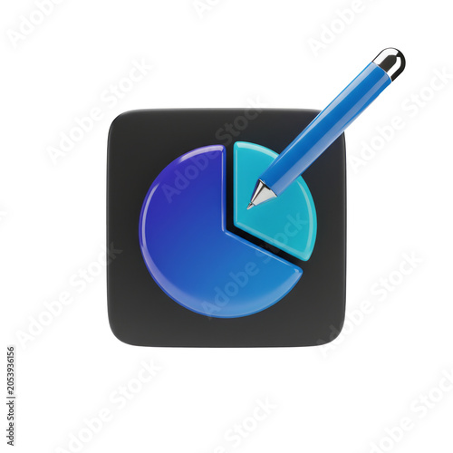 3D Business Data Pie Chart Icon with Pen Isolated on transparent background