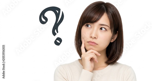 Thoughtful Asian woman pondering with question mark symbol indicating confusion or decision making