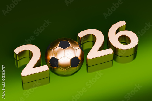 Golden soccer ball forming part of the numbers 2026 for a sporting event. 3d rendering