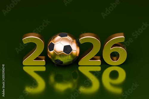 Golden soccer ball forming part of the numbers 2026 for a sporting event. 3d rendering