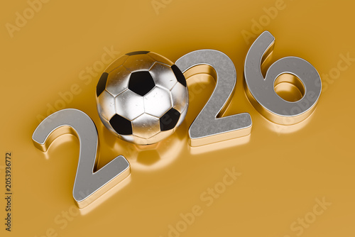 Silver 2026 numbers with a soccer ball representing the zero on a golden background. 3d rendering