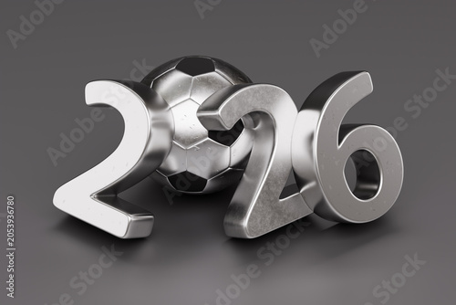 Metallic 2026 numbers with a soccer ball representing the upcoming global tournament. 3d rendering