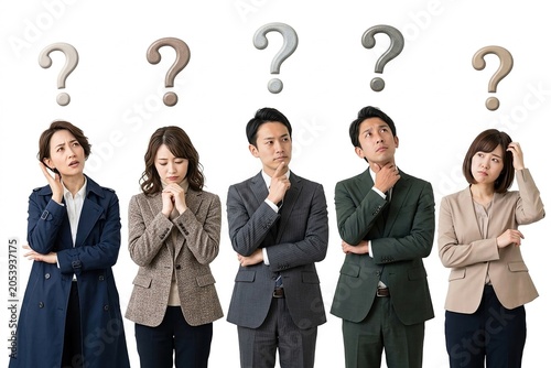 Five Asian business professionals looking confused and thoughtful with question marks overhead contemplating decisions