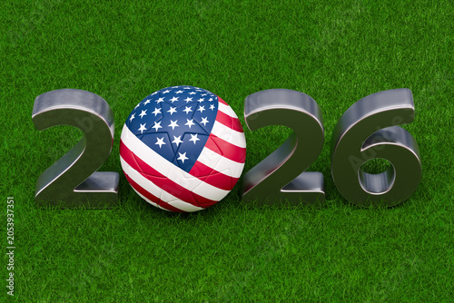 United States flag soccer ball with 2026 numbers on green grass representing global sports event. 3d rendering