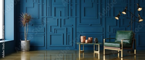 Luxury modern living room with abstract blue paneled wall green leather armchair and golden floor