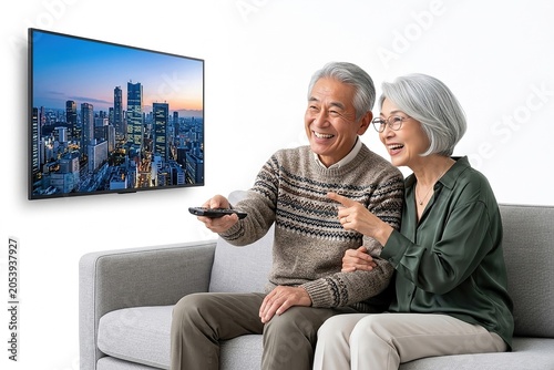 Happy elderly Asian couple laughing watching television with remote control in living room on sofa