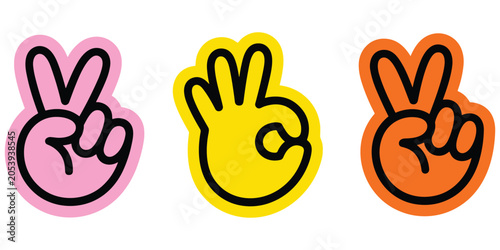 Vászonkép Sticker set of cartoon hand gestures showing peace sign and okay finger pose wit