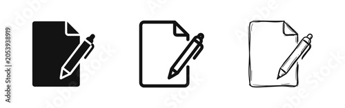 Fotografía Paper and Pen Icon Set - Document Editing Symbol in Solid, Outline, and Sketch S