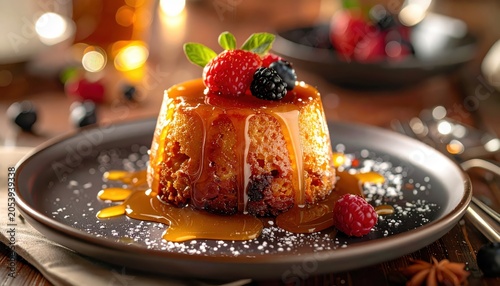 Decadent Sticky Toffee Pudding Drizzled with Warm Caramel Sauce and Topped with Fresh Berries