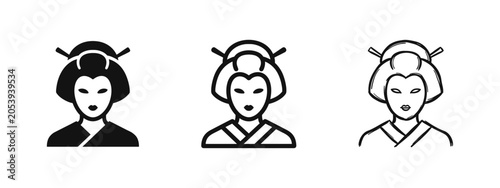 Quadro su tela Geisha Portrait Icon Set in Solid, Outline, and Hand-Drawn Sketch Styles
