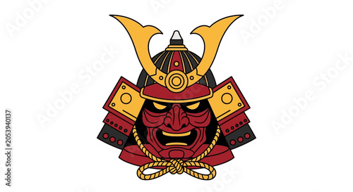 Traditional Japanese Samurai Helmet and Mask Illustration