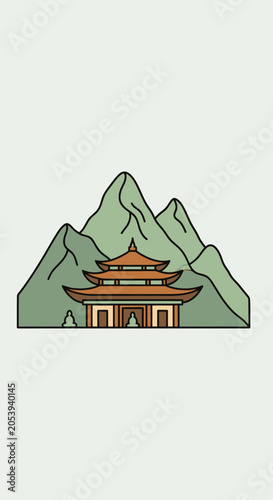 Traditional Japanese Pagoda Temple Building in Mountains Landscape Illustration