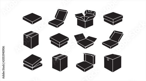 Cardboard carton and packaging box silhouette set featuring folding containers, parcel boxes and logistics symbols for shipping and warehouse design projects