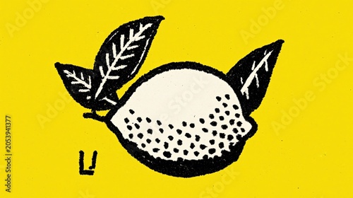 Vibrant Hand Drawn Illustration of a Fresh Lemon with Leaves on a Bright Yellow Background