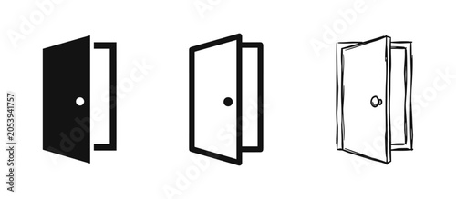 Slika na platnu Open door icon set in flat outline and sketchy styles for entrance and exit symb
