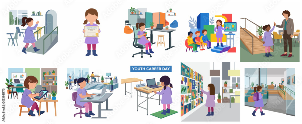 Naklejka premium Youth Career Day Illustration Set Featuring a Little Girl Exploring Professional Office Environments and Future Careers