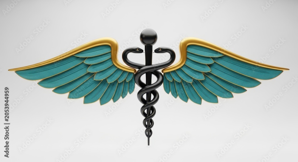 Fototapeta premium 3d render of a caduceus medical symbol with black snakes and teal wings isolated on white background