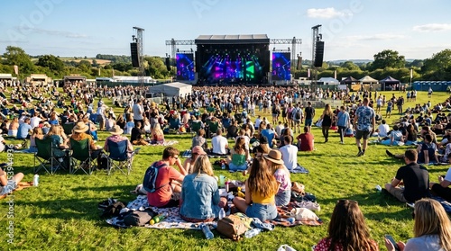Large crowd of people sitting on green grass watching live music performance on outdoor stage with screens