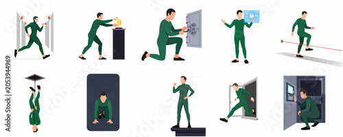 Foto Professional thief and burglar character set performing various heist and infilt