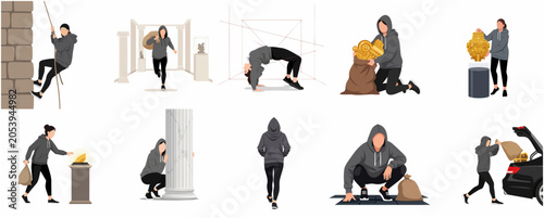Photos Female burglar character set performing art heist actions including dodging lasers, stealing artifacts from museum gallery, and escaping with loot