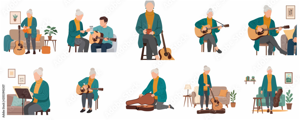 Fototapeta premium Elderly woman learning and playing acoustic guitar illustrations set, senior lifestyle and music hobby concept
