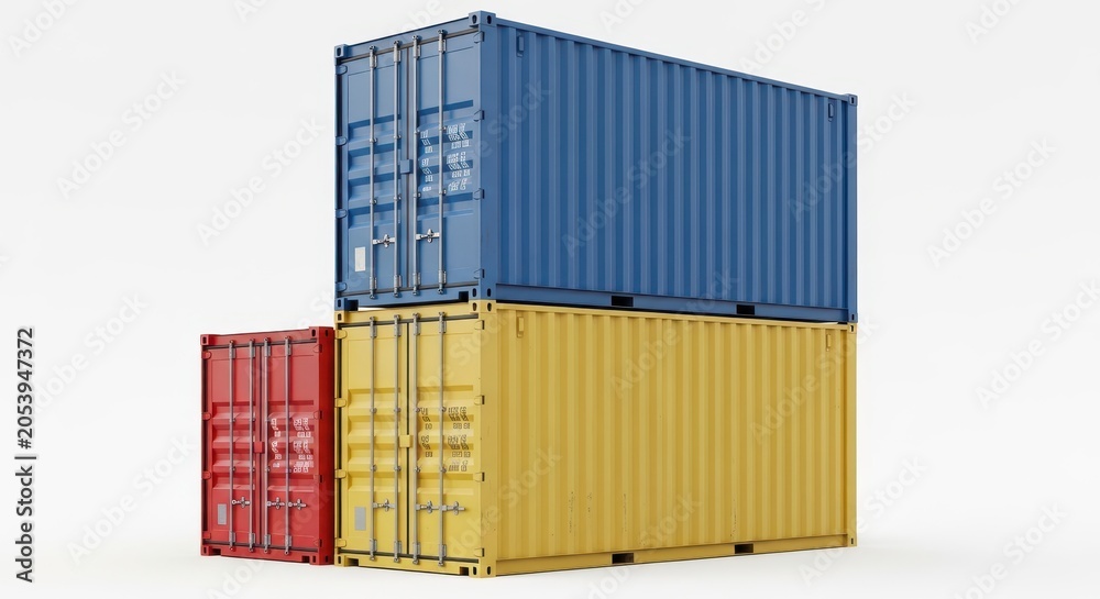 Fototapeta premium Stack of colorful shipping containers isolated on white background