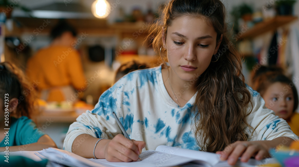 Obraz premium Teenage girl in a crowded apartment doing homework on a kitchen table surrounded by younger siblings a single bare bulb overhead parent visible cooking in the background representing intergeneration