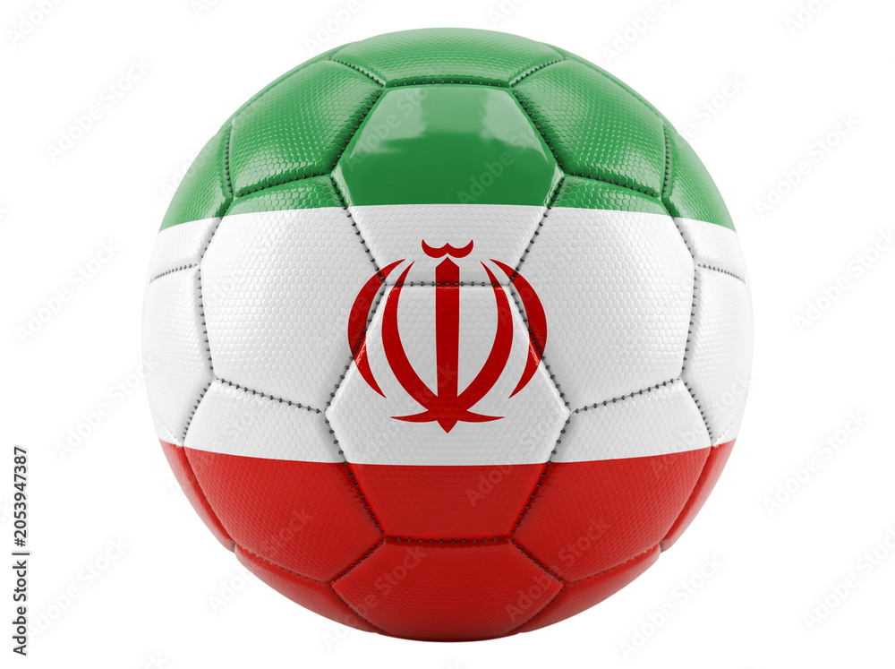 Fototapeta premium Football with Iran Flag Emblem, Green White Red Panels, Textured Leather Surface and Stitched Seams on a Clean Background