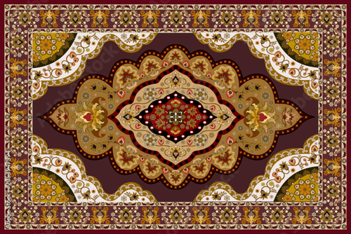 Luxury Floral Persian Carpet Pattern with Ornamental Medallion on Burgundy Background