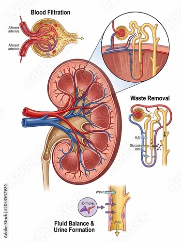 Anatomy and physiology of the human kidney, showcasing detailed processes of blood filtration, waste elimination, and fluid balance within the renal system and nephrons