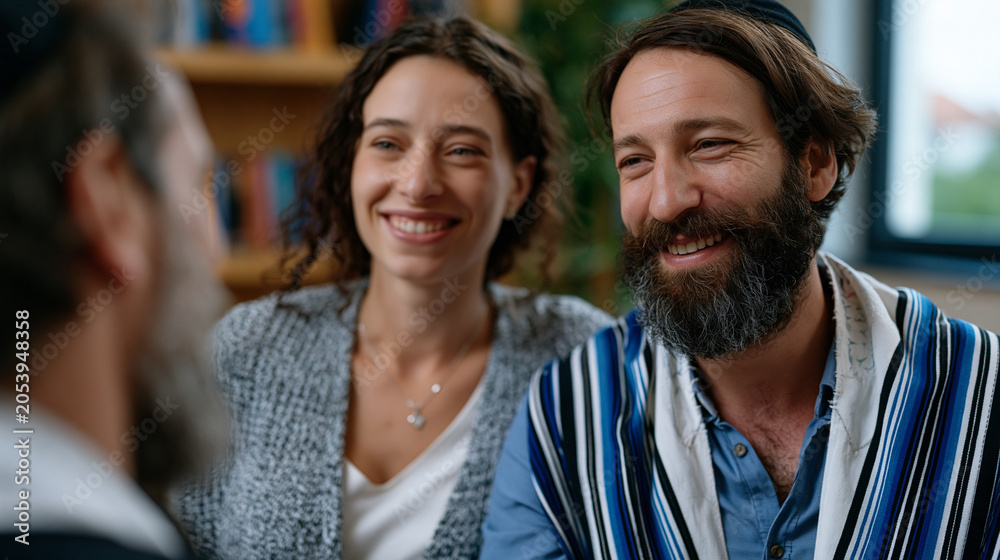 Obraz premium Young couple from different religious backgrounds visiting a rabbi for premarital counseling, nervous expressions softening into laughter, interfaith marriage guidance pastoral care love commitment 