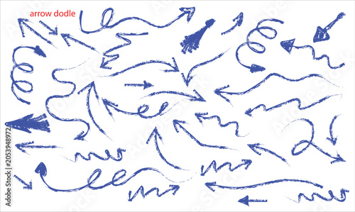 Fotografi Hand drawn vector Blue ball pen doodle arrows on checkered paper background