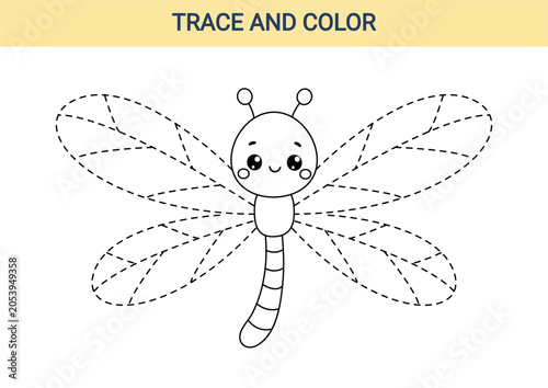 Cute kawaii dragonfly tracing worksheet for kids. Educational black and white printable activity for tracing wings, improving fine motor skills and handwriting preparation.