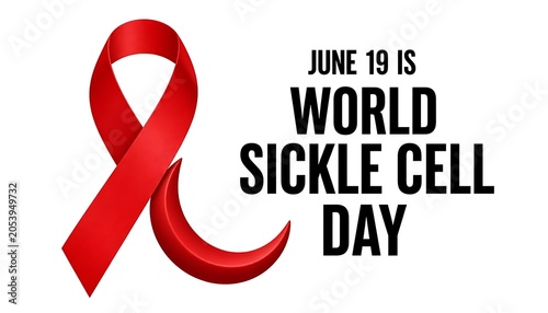 June 19 sickle cell day featuring a red awareness ribbon and a crescent shape symbol