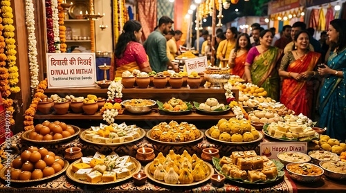 Traditional indian diwali sweets arranged beautifully on display in street market stall.