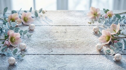 Winter floral background with pink hellebore flowers and eucalyptus on a snowy wooden table with copy space.