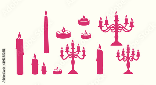 Canvastavla Set of Pink Candle Silhouettes and Candelabras Icons for Romantic Decor and Fest