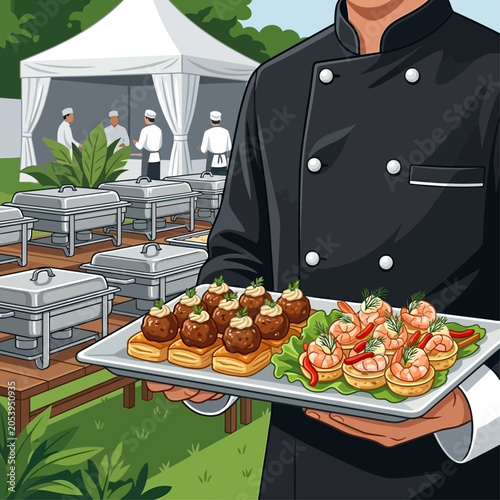 Chef presents a plate of assorted appetizers outdoors at a catering event with buffet tables and staff in the background.