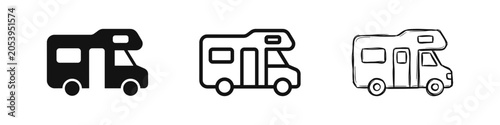 Foto Camper Van Icon Set, RV Travel Symbols in Silhouette, Outline and Hand-Drawn Sty