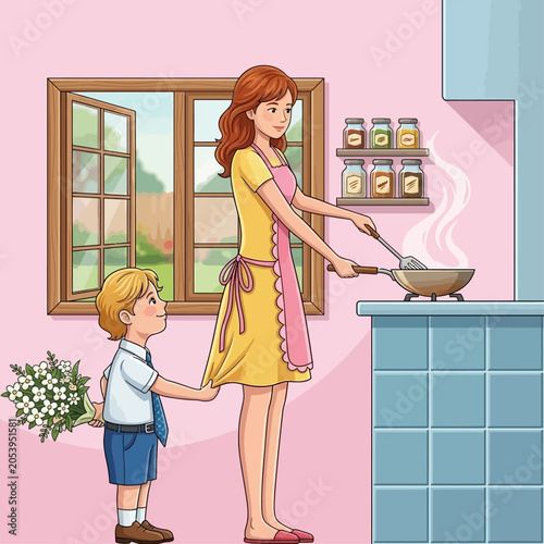 A woman cooks while a boy holds her hand in a kitchen by the window.