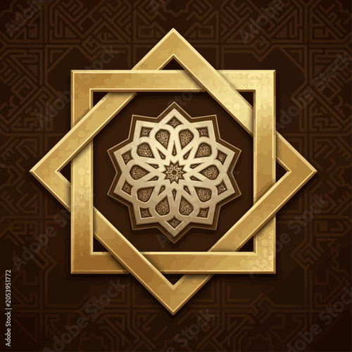 Golden geometric pattern with intricate design on dark background