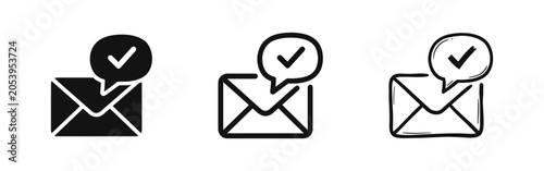 Bild auf Leinwand Message confirmed icon set with envelope and checkmark bubble in flat, outline, and doodle styles for notification