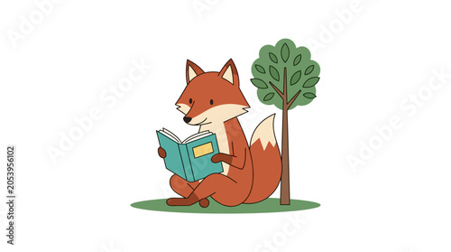 Fotografía Cartoon Fox Reading a Book.