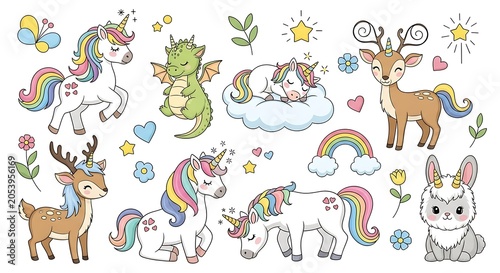 Enchanting Collection of Mythical Creatures and Whimsical Animals in Cartoon Style.