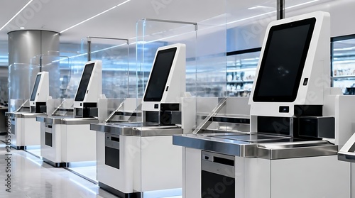 Modern Retail Checkout Counters - Sleek Design and Technological Integration.