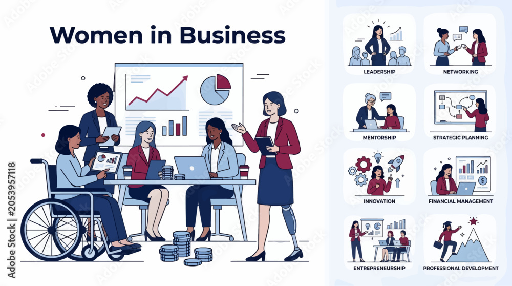 Naklejka premium Diverse Women in Business Meeting, Collaboration with Charts and Laptops, Including Wheelchair User and Prosthetic Leg, Flat Vector Illustration