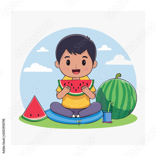 Cartoon boy enjoying a slice of watermelon