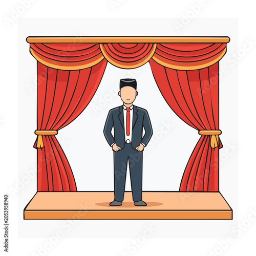 Cartoon man on stage with red curtains