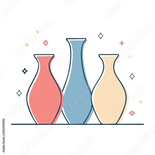 Flat illustration of three ceramic vases