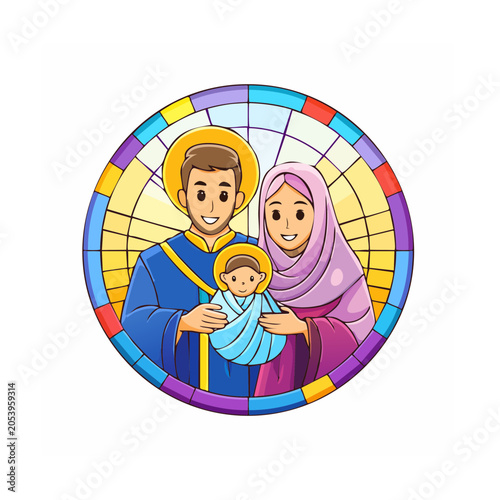 Holy Family Cartoon Illustration in Stained Glass Style